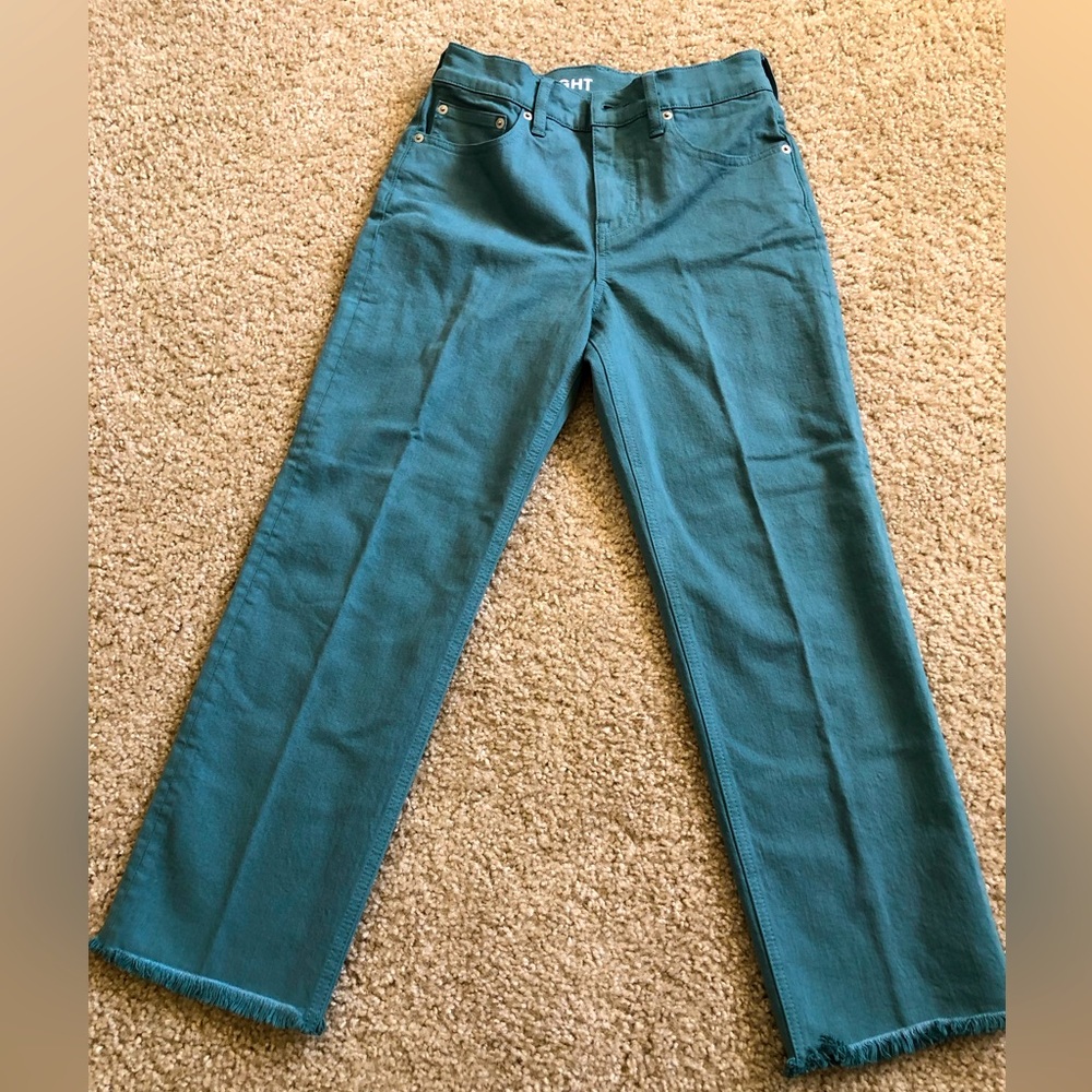 J. Crew Classic straight Jean, green, size 25P, inseam 25”, 10.5” rise.